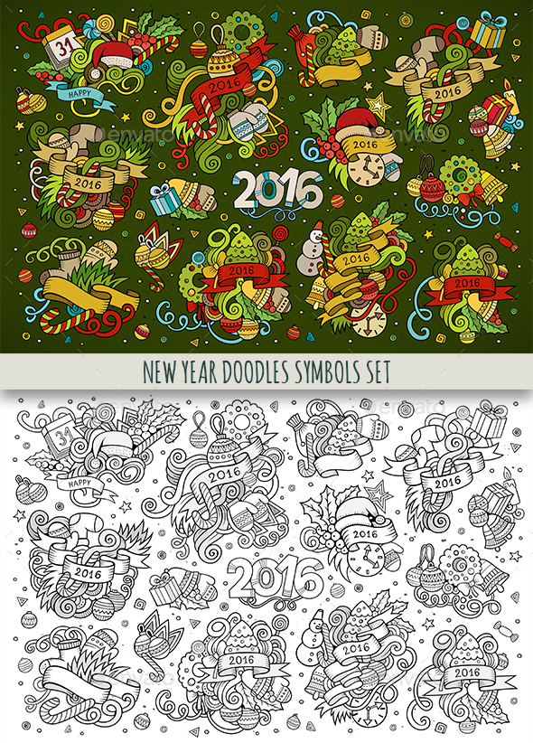 New Year Doodles Objects Set - New Year Seasons/Holidays