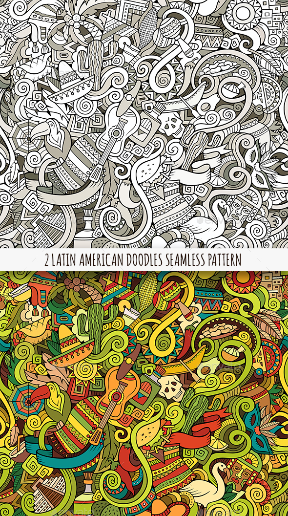 2 Latin American Doodles Seamless Patterns - Travel Conceptual