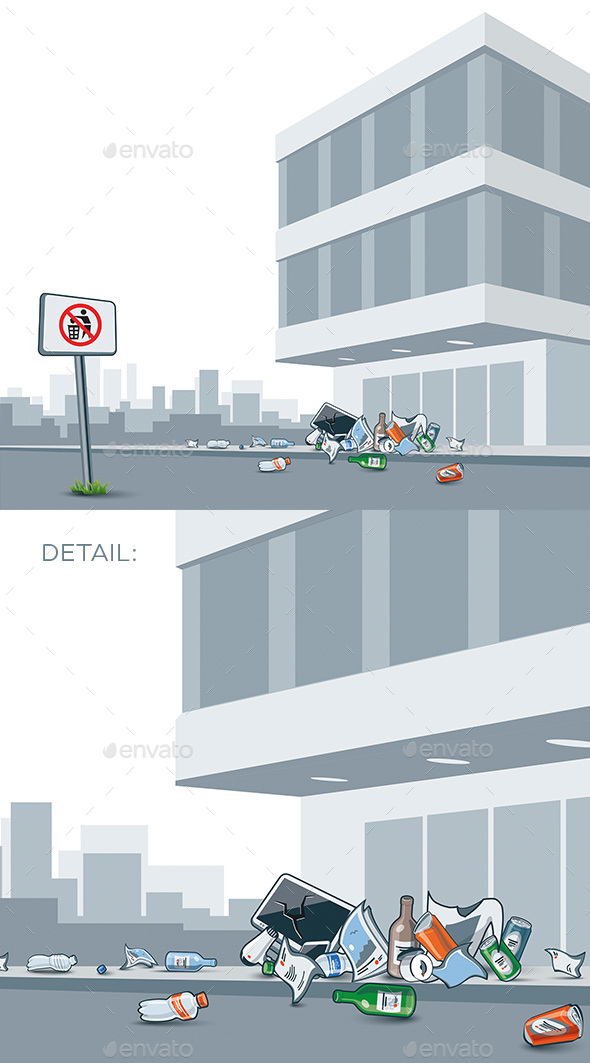 Trash Littering the City Street - Buildings Objects