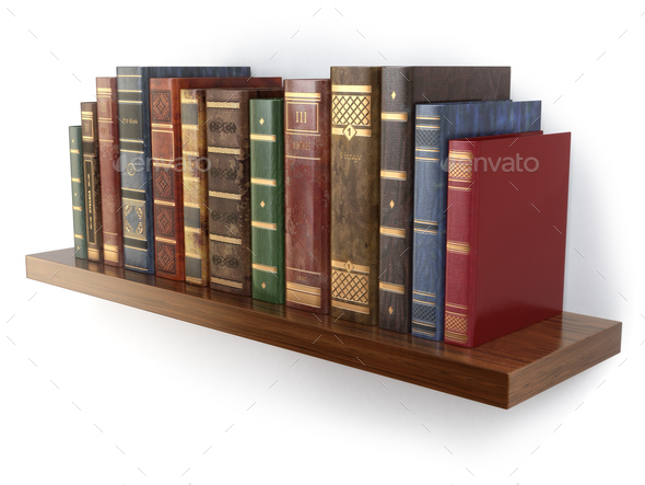 Vintage books on old wooden shelf isolated on white. Old library or antique  bookshop. Stock Photo by maxxyustas