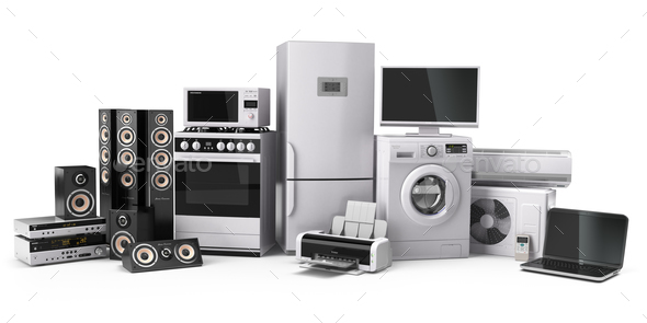 Home appliances. Gas cooker, tv cinema, refrigerator air conditi