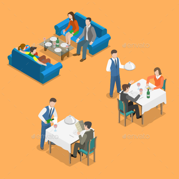 Restaurant Service Isometric Flat Vector Concept - People Characters