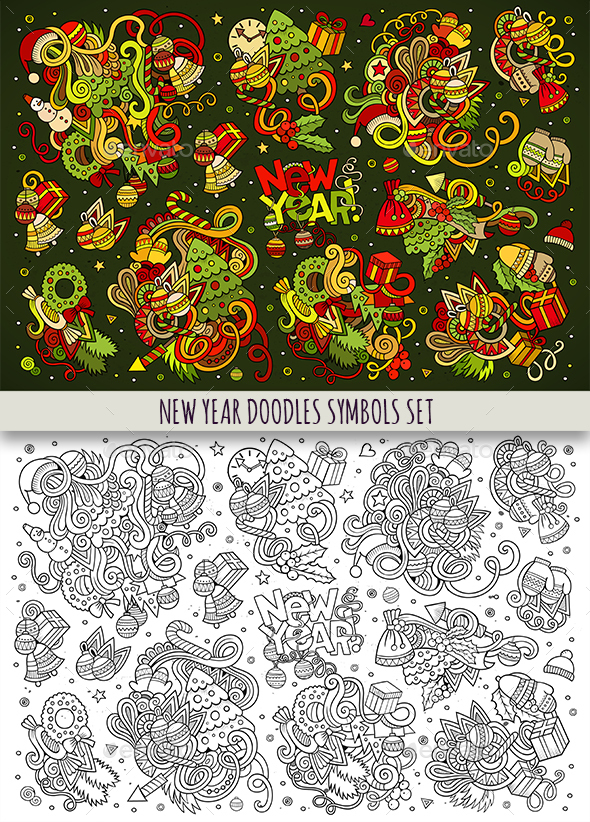 New Year Doodles Objects Set - New Year Seasons/Holidays