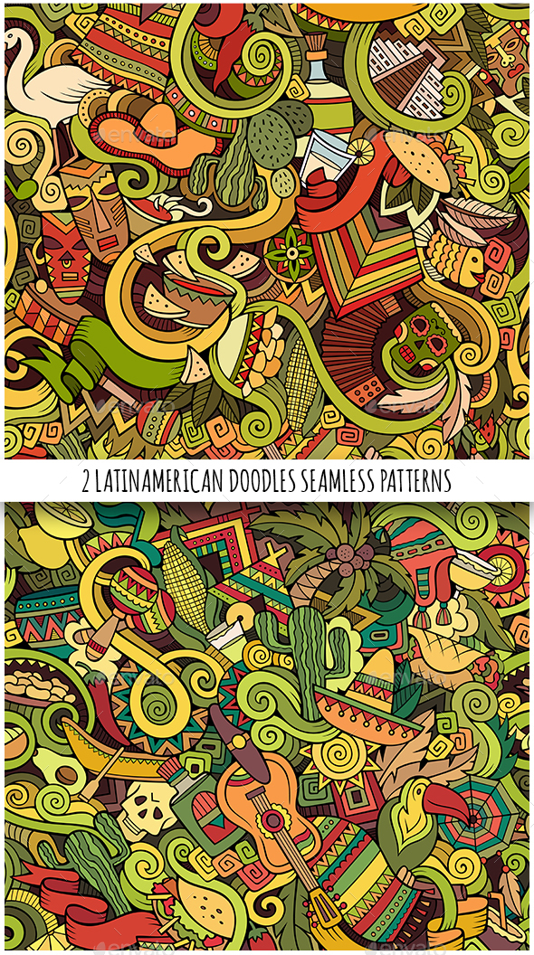 2 Latin American Doodles Seamless Patterns - Travel Conceptual