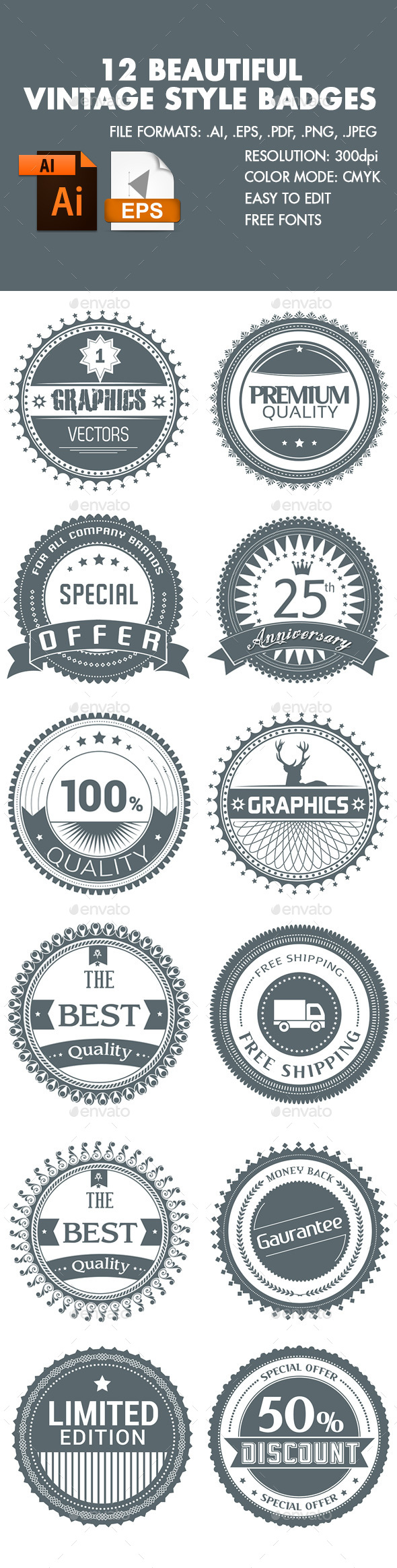 12 Beautiful Vintage Style Badges - Badges & Stickers Web Elements