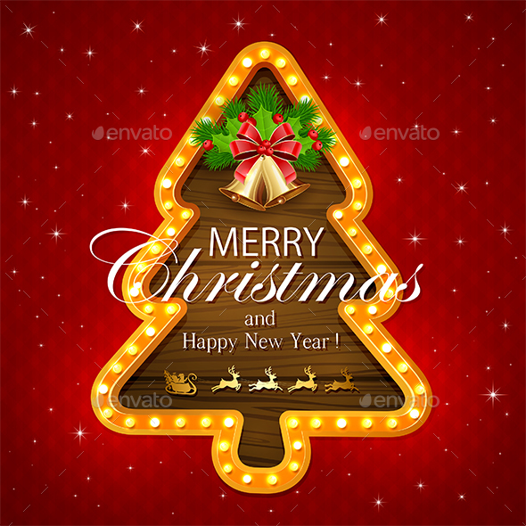Wooden Christmas Tree on Red Background - Christmas Seasons/Holidays
