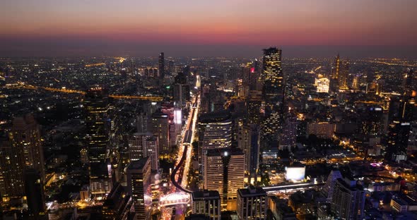 Hyperlapse of City Panorama at Sunset Business Center with High Skyscrapers