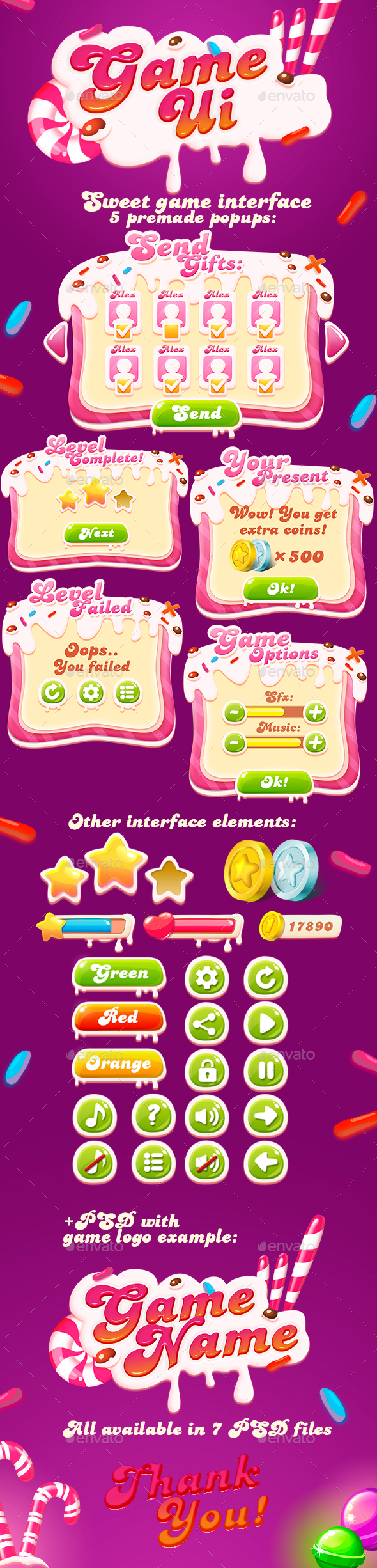 Sweet GUI + Game Logo - User Interfaces Game Assets