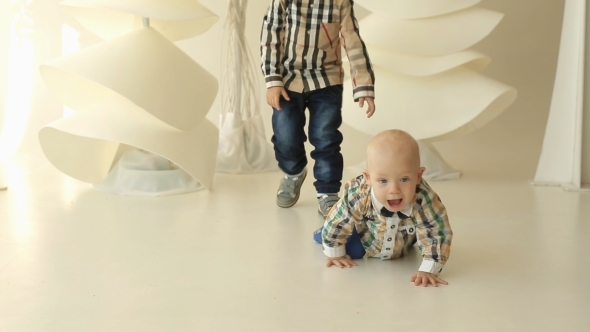 Funny Smiling Baby Boy Crawling Isolated On White