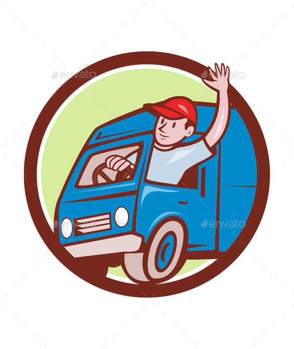 Delivery Man Waving Driving Van Circle Cartoon - People Characters