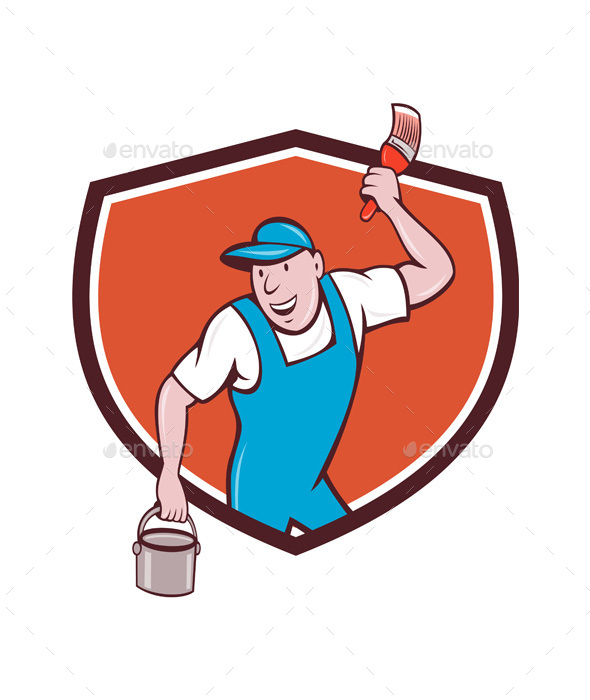 House Painter Paintbrush Paint Bucket Crest Cartoon - People Characters