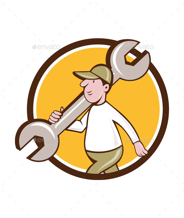Mechanic Monkey Wrench Walking Circle Cartoon - People Characters