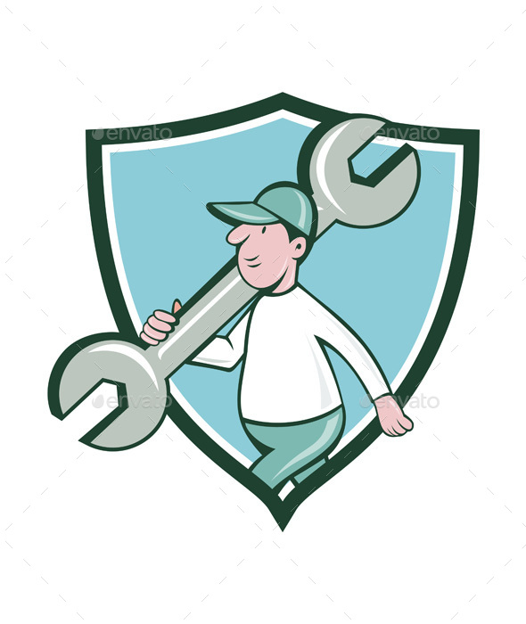 Mechanic Monkey Wrench Walking Crest Cartoon - People Characters