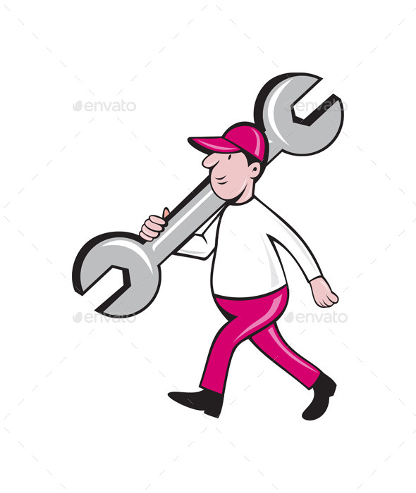 Mechanic Monkey Wrench Walking Cartoon - People Characters