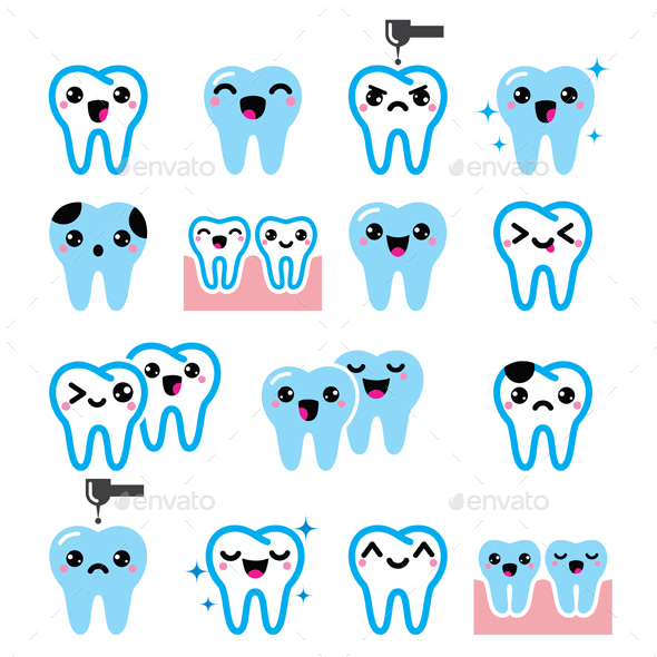 Kawaii Tooth , Cute Teeth Characters - Vector - Health/Medicine Conceptual