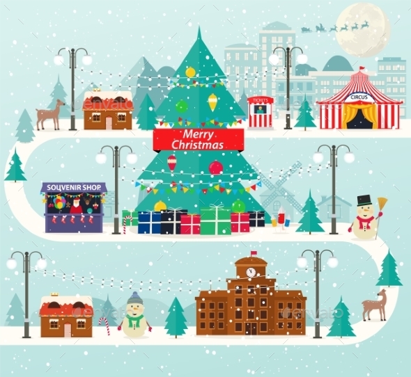 Christmas Urban And Rural Landscape In Flat Design - Christmas Seasons/Holidays