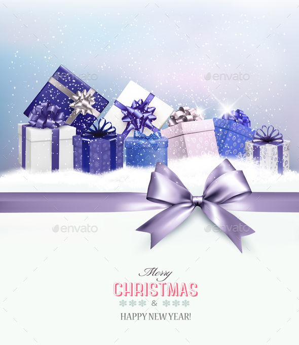 Merry Christmas Card With A Ribbon And Gift Boxes - Christmas Seasons/Holidays