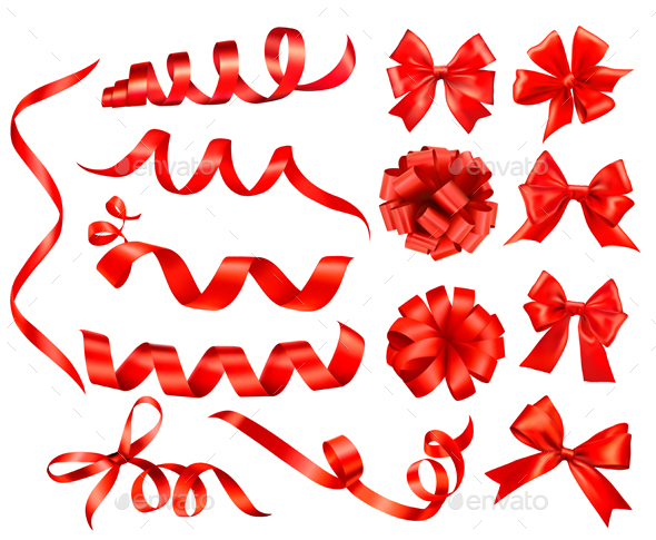 Big Set Of Red Gift Bows With Ribbons Vector - Christmas Seasons/Holidays