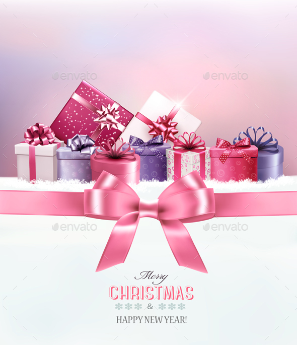 Merry Christmas Card With A Ribbon And Gift Boxes - Christmas Seasons/Holidays
