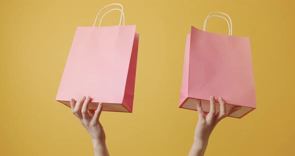 Woman's Hands Show Pink Paper Shopping Bags on a Isolated Yellow Background alt
