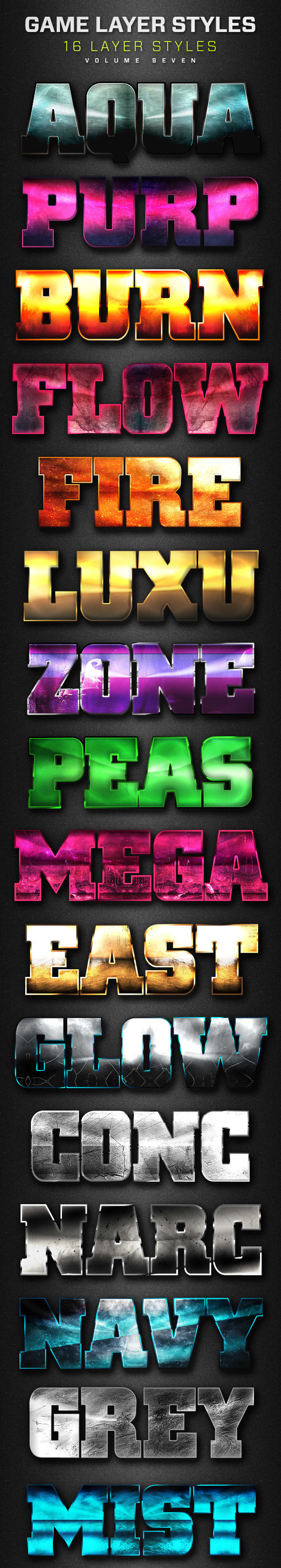16 Game Layer Styles Volume 7 - Text Effects Styles
