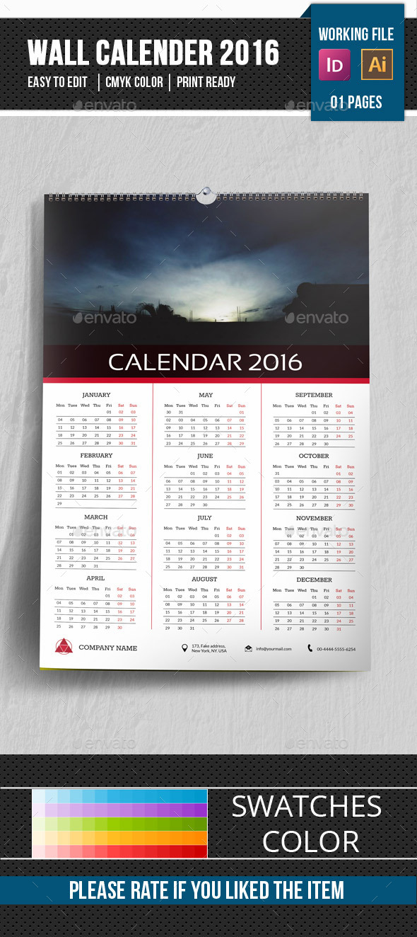Wall Calendar Template 2016-V16 - Calendars Stationery