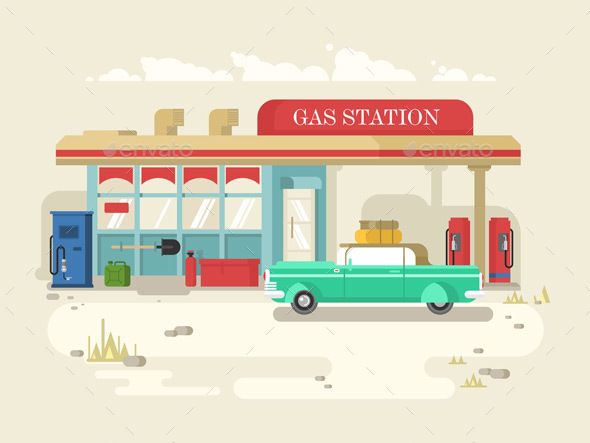 Gas Stantion Retro Flat Design - Travel Conceptual