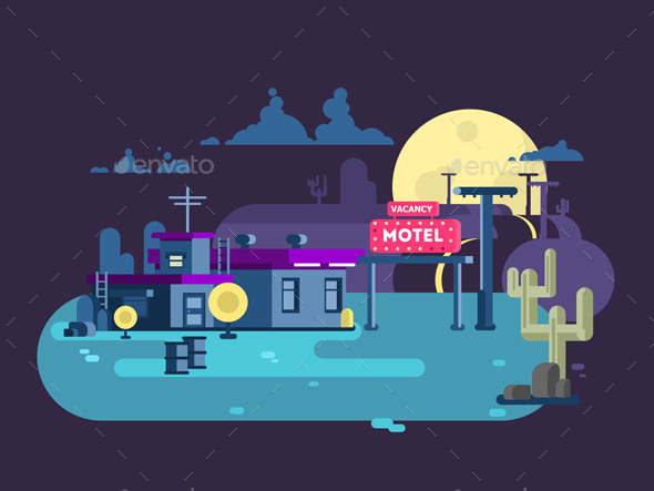 Motel Night Flat Design - Buildings Objects