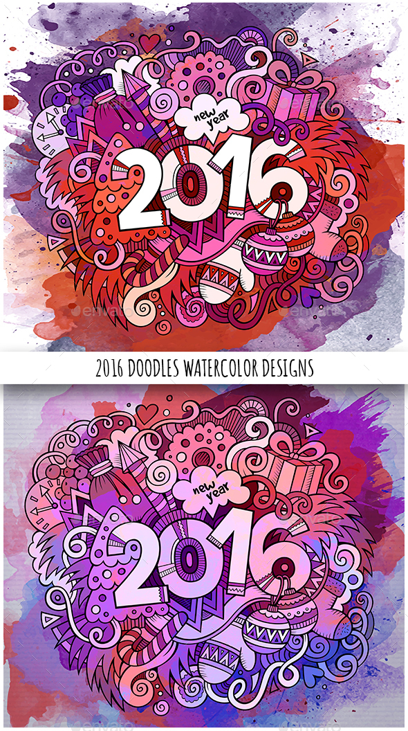 2016 Year Watercolor Doodles Designs - New Year Seasons/Holidays