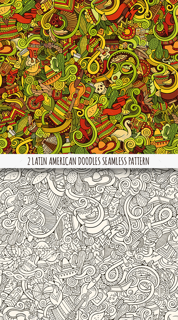 2 Latin American Doodles Seamless Patterns - Travel Conceptual