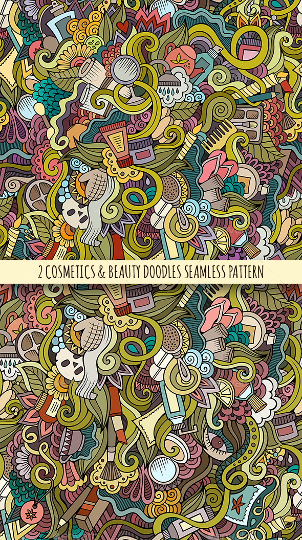 Beauty and Cosmetics Doodles Seamless Patterns - Health/Medicine Conceptual