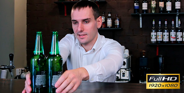 Barman Opens Beer Bottles