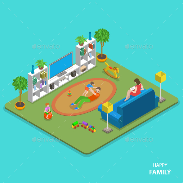 Happy Family Isometric Flat Vector Concept - People Characters