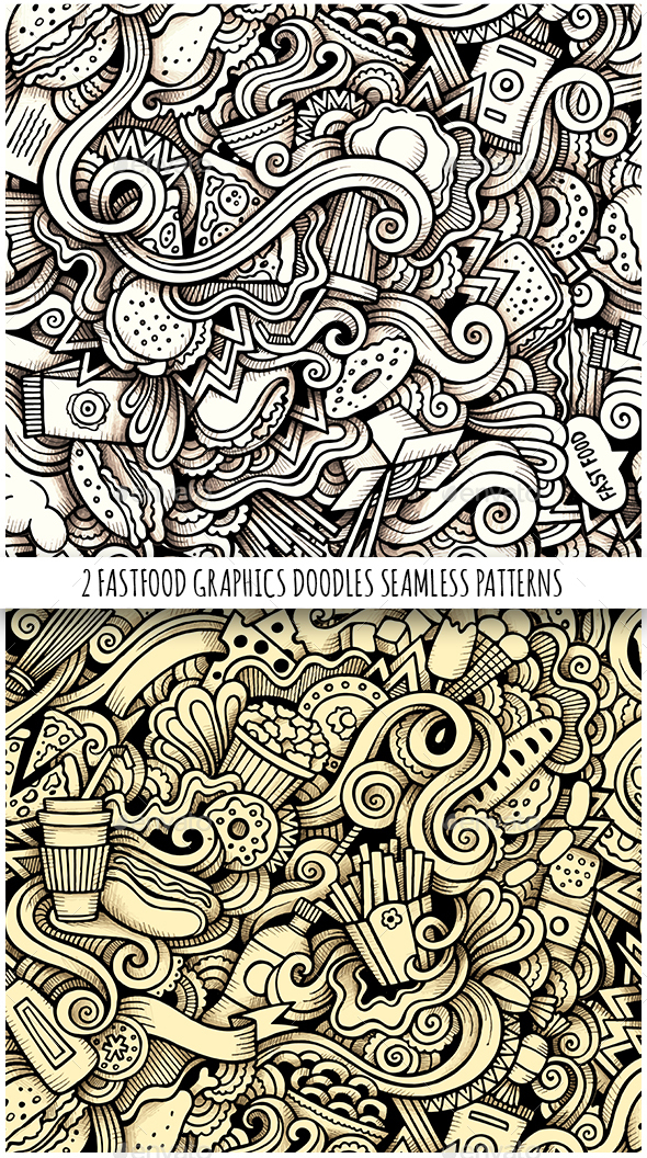 2 Fastfood Doodles Graphics Seamless Patterns - Food Objects