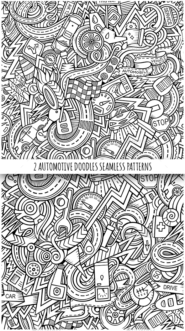 2 Automotive Doodles Seamless Patterns - Backgrounds Decorative