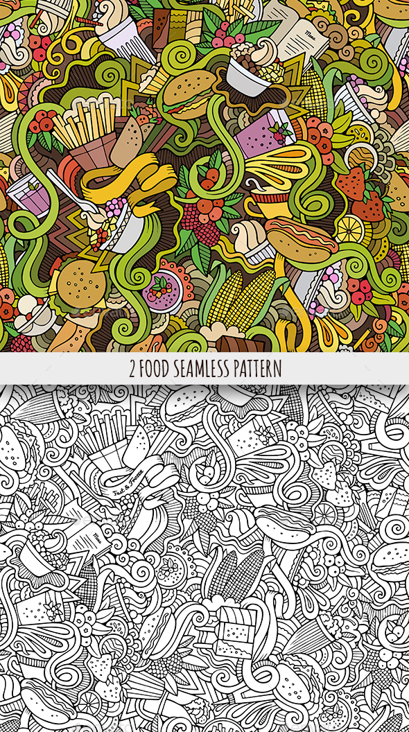 2 Food Doodles Seamless Patterns - Food Objects