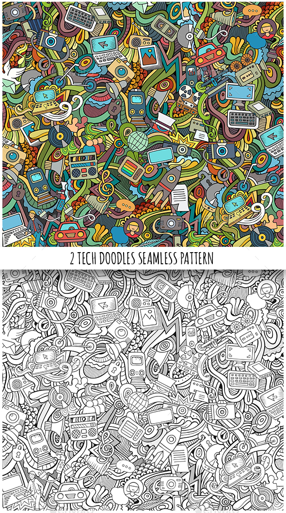 2 Technical Doodles Seamless Patterns - Computers Technology
