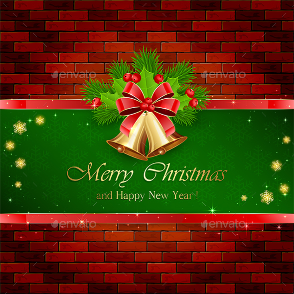 Christmas Decorations with Red Bow on Brick Wall - Christmas Seasons/Holidays