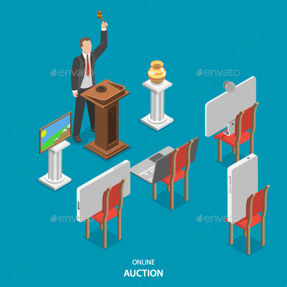 Online Auction Isometric Flat Vector Concept. - Retail Commercial / Shopping
