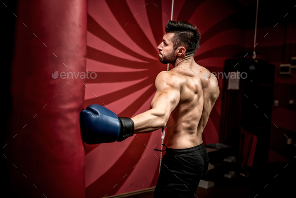 Professional Boxer Fighting And Training In Gym Strong Muscular Man Training And Boxing