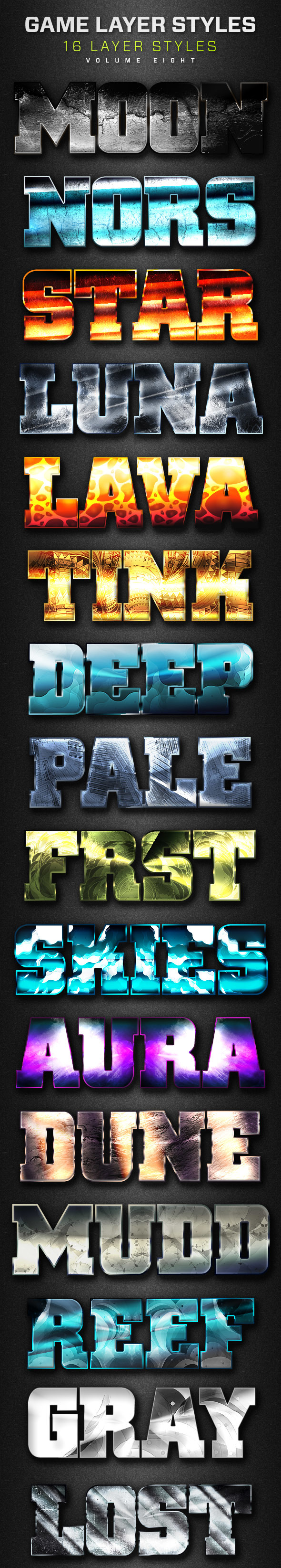 16 Game Layer Styles Volume 8 - Text Effects Styles