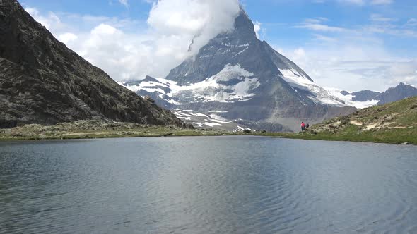 Scenic View on Snowy Matterhorn Peak and Lake Stellisee, Swiss Alps, Zermatt