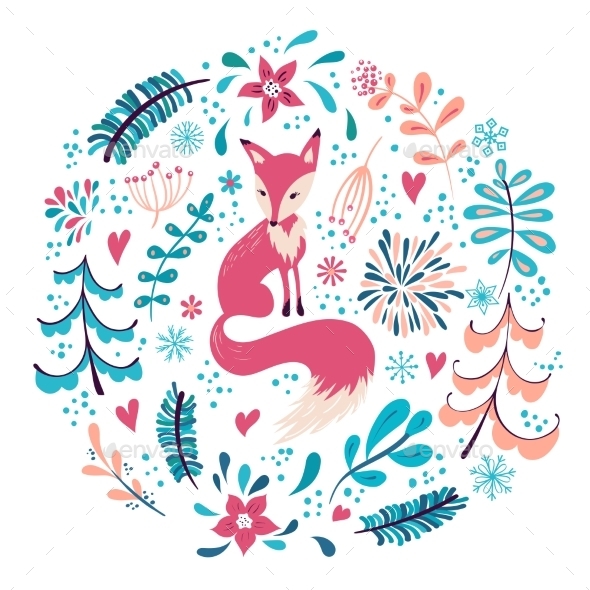 Fox with Winter Flowers and Snowflakes - Christmas Seasons/Holidays