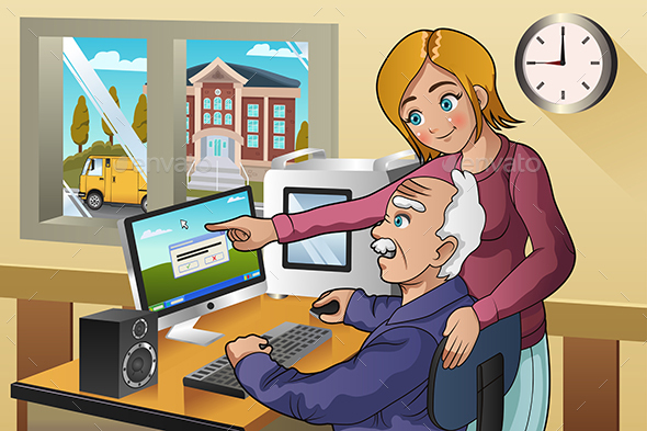 Girl Teaching Senior How to Use a Computer - People Characters