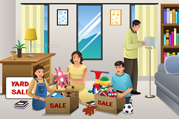 Family Sorting Items for a Garage Sale - People Characters