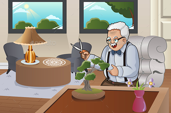 Old Man Taking Care Bonsai - People Characters