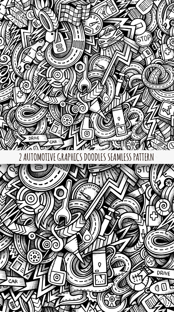 2 Vehicle Doodles Graphics Seamless Patterns - Technology Conceptual