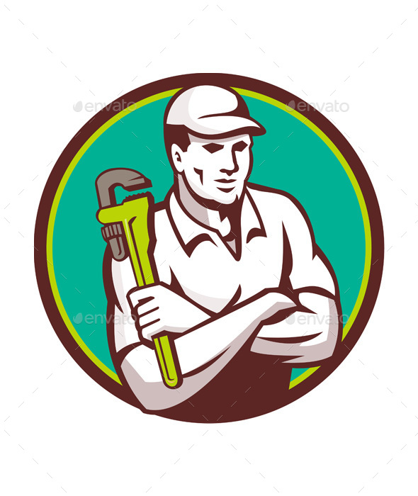 Plumber Monkey Wrench Arms Crossed Circle Retro - People Characters