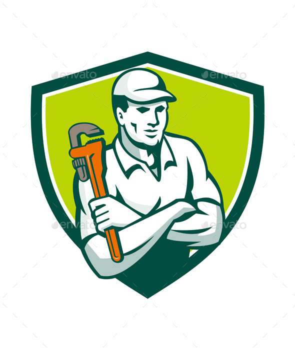 Plumber Monkey Wrench Arms Crossed Shield Retro - People Characters