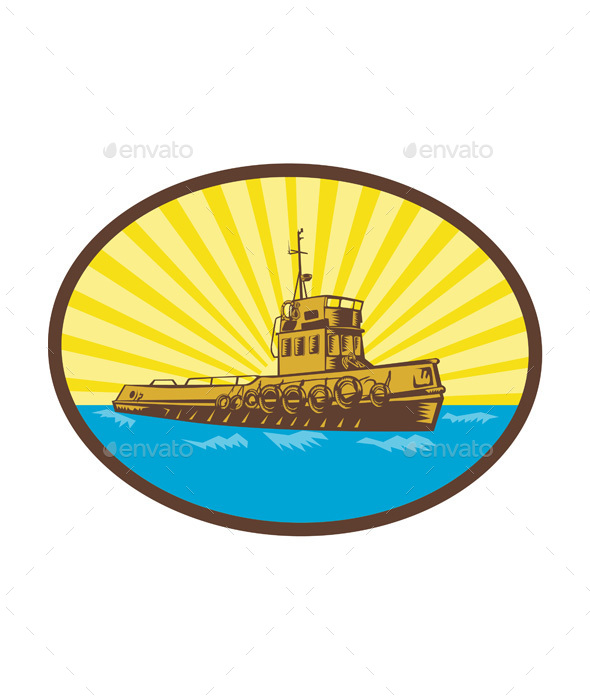 River Tugboat Oval Woodcut - Travel Conceptual